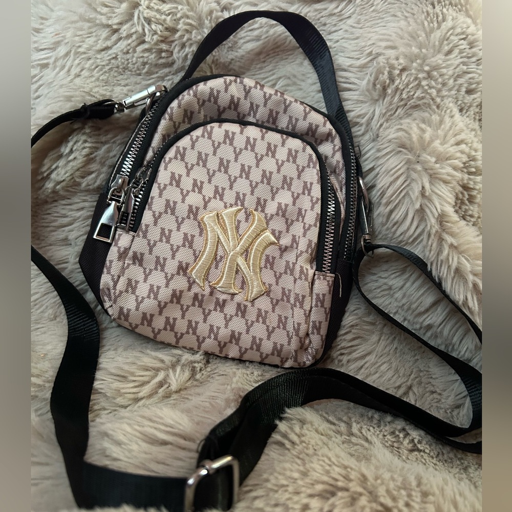 MLB Beige Monogram Mini Crossbody with Gold Logo Patch NEVER BEEN USED